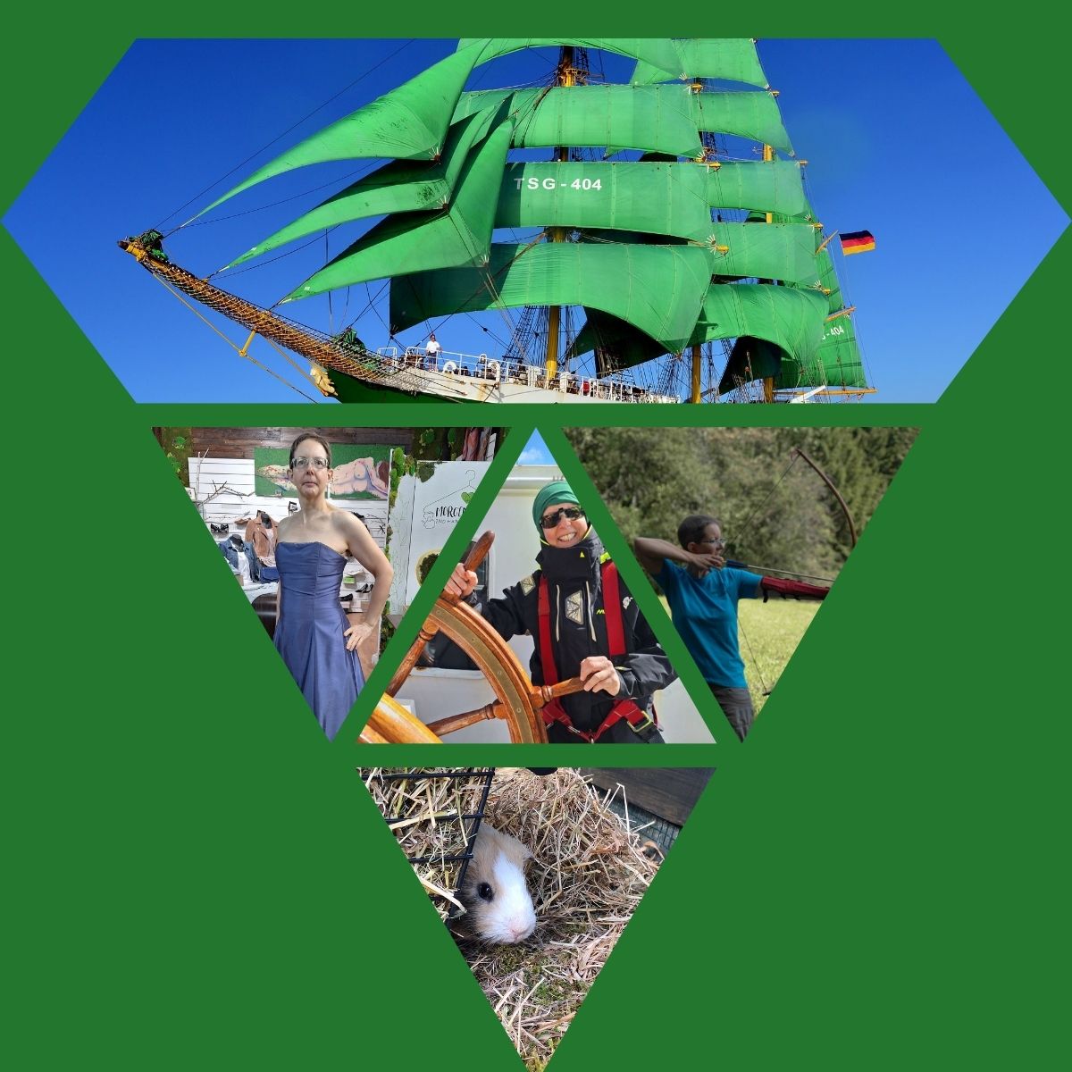 Bild mit 5 Facetten, diese zeigen das Schulschiff Alexander on Humboldt II, Christine Volk-Uhlmann im Abendkleid, am Steuer der Alex 2, beim Bogenschießen sowie ein Meerschweinchen
